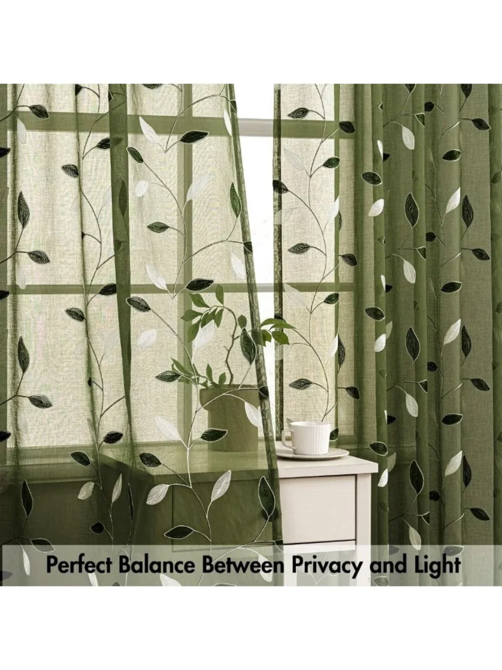 Olive Green Sheer Curtains Set, Leaf Pattern, Embroidered Floral, Rod Pocket, 2